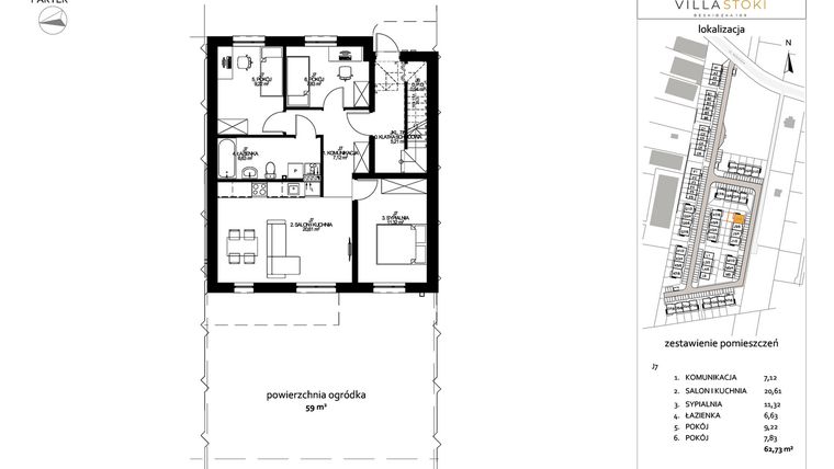 Rzut - Mieszkanie na sprzedaż 4 pokoje o powierzchni 62,73 m² - numer J7 w Villa Stoki (mieszkania)