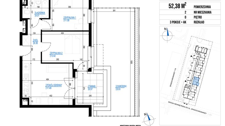 Rzut - Mieszkanie na sprzedaż 3 pokoje o powierzchni 52,38 m² - numer 2 w Vieniava edycja druga
