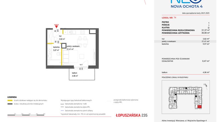 Rzut - Mieszkanie na sprzedaż 1 pokój o powierzchni 31,37 m² - numer 74 w Neo Nova Ochota 4