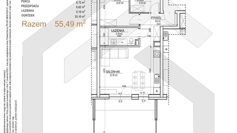 Rzut - Mieszkanie na sprzedaż 3 pokoje o powierzchni 55,49 m² - numer S.00.03 w Sobieskiego 29