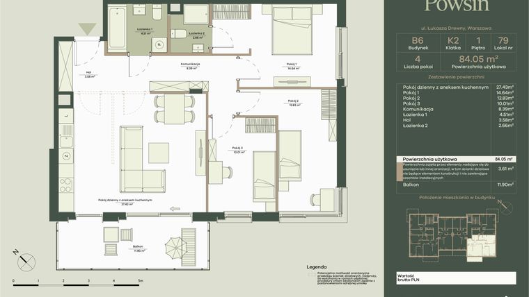 Rzut - Mieszkanie na sprzedaż 4 pokoje o powierzchni 84,05 m² - numer B6/79 w Onelife Powsin