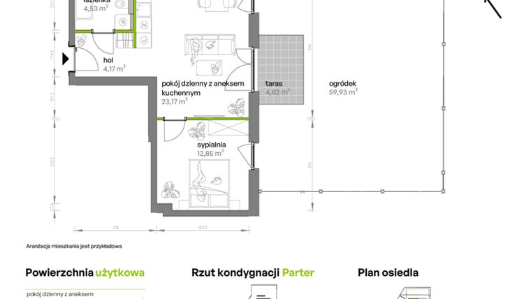 Rzut - Mieszkanie na sprzedaż 2 pokoje o powierzchni 44,72 m² - numer AA0007 w Ptasia Vita