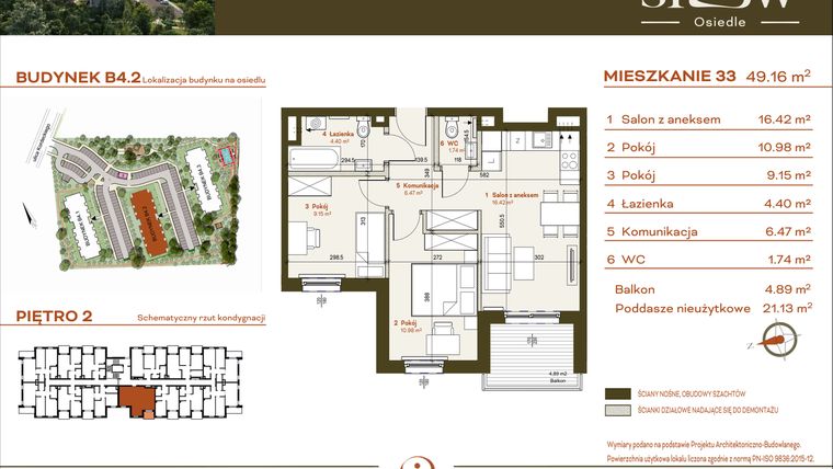 Rzut - Mieszkanie na sprzedaż 3 pokoje o powierzchni 49,16 m² - numer B4.2.33 w Osiedle SLOW