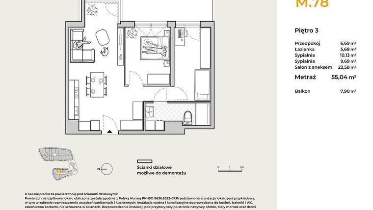 Rzut - Mieszkanie na sprzedaż 3 pokoje o powierzchni 55,04 m² - numer M78 w Baja Piaśniki