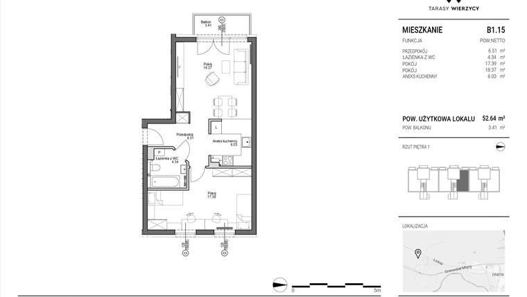 Rzut - Mieszkanie na sprzedaż 2 pokoje o powierzchni 52,64 m² - numer B1.15 w Tarasy Wierzycy