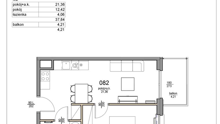 Rzut - Mieszkanie na sprzedaż 2 pokoje o powierzchni 37,84 m² - numer 82 w Rezydencja Liwska 3