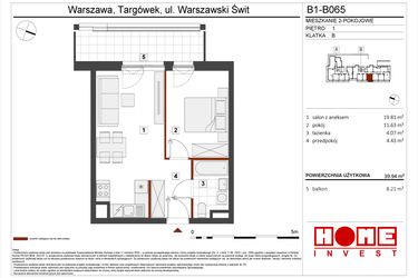 Rzut - Mieszkanie na sprzedaż 2 pokoje o powierzchni 39,94 m² - numer B1-B065 w Warszawski Świt etap VIII