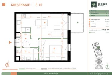 Rzut - Mieszkanie na sprzedaż 2 pokoje o powierzchni 39,76 m² - numer M.03.15 w Casa Feliz Portowa II