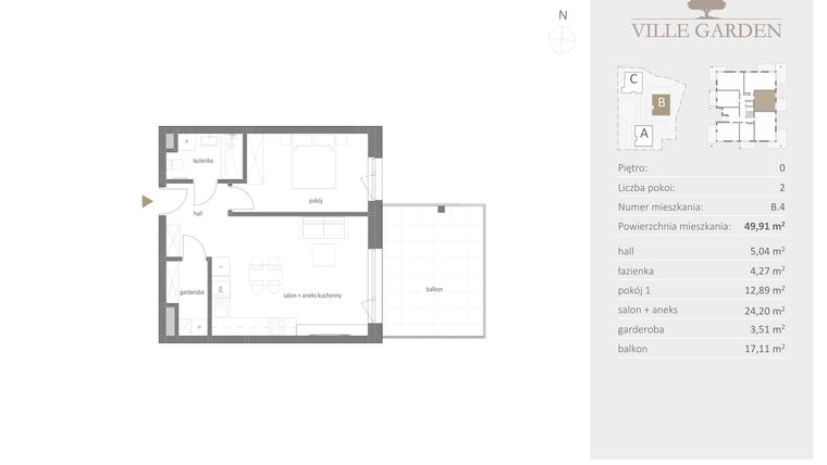 Rzut - Mieszkanie na sprzedaż 2 pokoje o powierzchni 49,91 m² - numer B.04 w Ville Garden