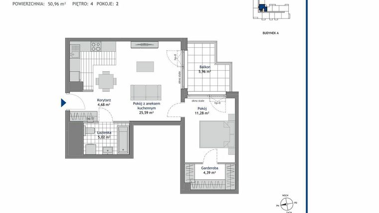 Rzut - Mieszkanie na sprzedaż 2 pokoje o powierzchni 50,96 m² - numer A.4.4 w Linea bud. A