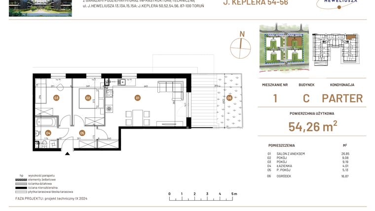 Rzut - Mieszkanie na sprzedaż 3 pokoje o powierzchni 54,26 m² - numer JAR-III-C-LM-M1 w Osiedle JAR Heweliusza etap III