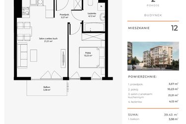 Rzut - Mieszkanie na sprzedaż 2 pokoje o powierzchni 39,43 m² - numer 12 w Bytkowska 4.0