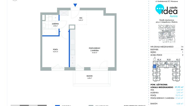Rzut - Mieszkanie na sprzedaż 2 pokoje o powierzchni 47,98 m² - numer 14.4A w Osiedle Idea Aurora