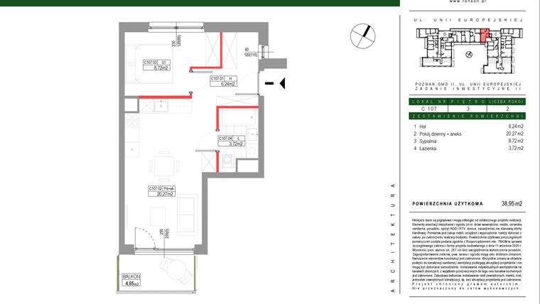 Rzut - Mieszkanie na sprzedaż 2 pokoje o powierzchni 38,95 m² - numer C107 w Grunwald Między Drzewami etap III