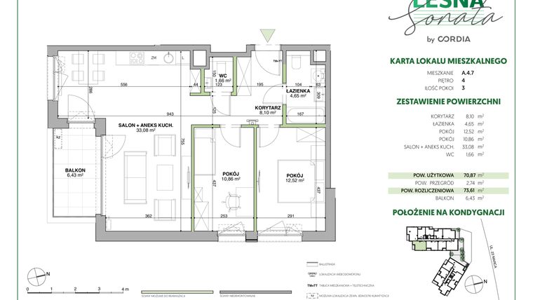 Rzut - Mieszkanie na sprzedaż 3 pokoje o powierzchni 73,78 m² - numer A.4.7 w Leśna Sonata