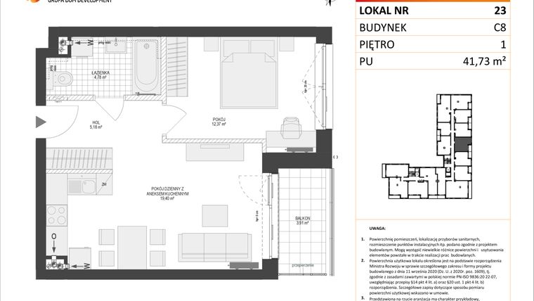Rzut - Mieszkanie na sprzedaż 2 pokoje o powierzchni 41,73 m² - numer C8.23 w Konstelacja etap IV
