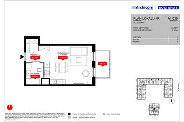 Rzut - Mieszkanie na sprzedaż 1 pokój o powierzchni 32,92 m² - numer A1 039 w Osiedle Bociana 5