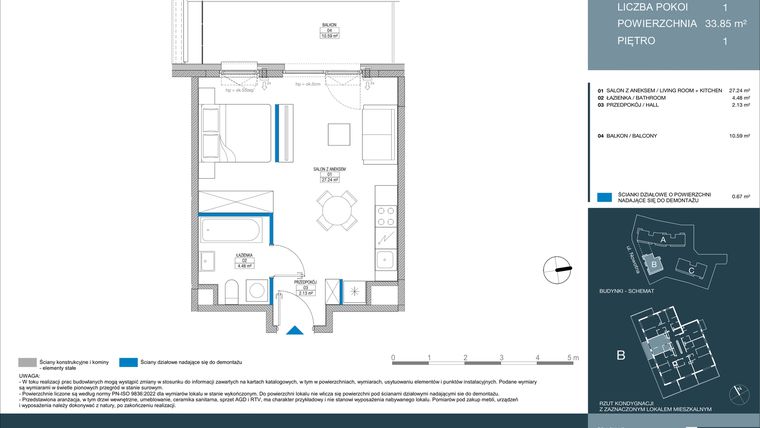 Rzut - Mieszkanie na sprzedaż 1 pokój o powierzchni 33,84 m² - numer B.1.2.5 w Meri Apartamenty