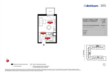 Rzut - Mieszkanie na sprzedaż 1 pokój o powierzchni 28,41 m² - numer L1.68 w Wieża Jeżyce etap VI