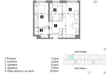 Rzut - Mieszkanie na sprzedaż 3 pokoje o powierzchni 52,03 m² - numer A1/3/6 w Metr Kwadrat