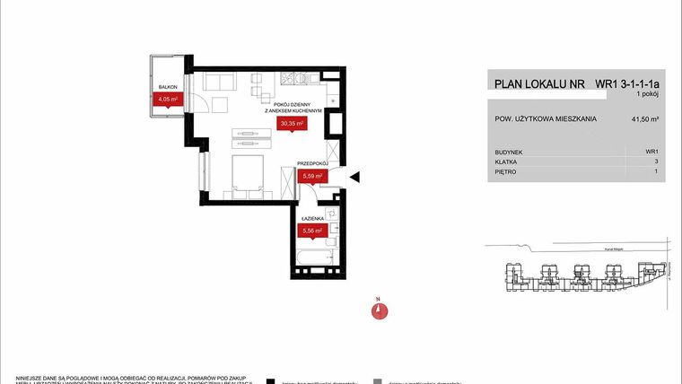 Rzut - Mieszkanie na sprzedaż 1 pokój o powierzchni 41,5 m² - numer WR1 3/1/1/1a w Przystań Reymonta