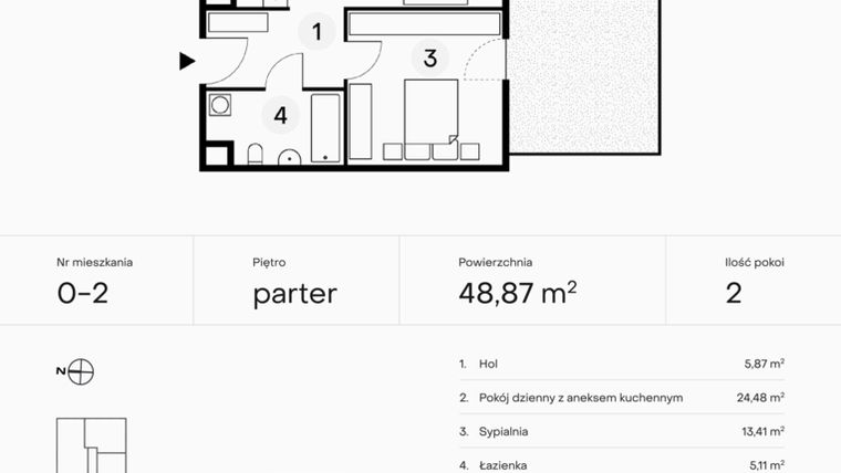 Rzut - Mieszkanie na sprzedaż 2 pokoje o powierzchni 48,87 m² - numer 0-2 w Pączka 1