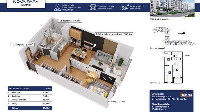 Rzut - Mieszkanie na sprzedaż 2 pokoje o powierzchni 44,06 m² - numer 120 w Nova Park etap III