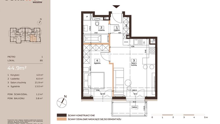 Rzut - Mieszkanie na sprzedaż 2 pokoje o powierzchni 44,9 m² - numer B5 w Domkove Widzew