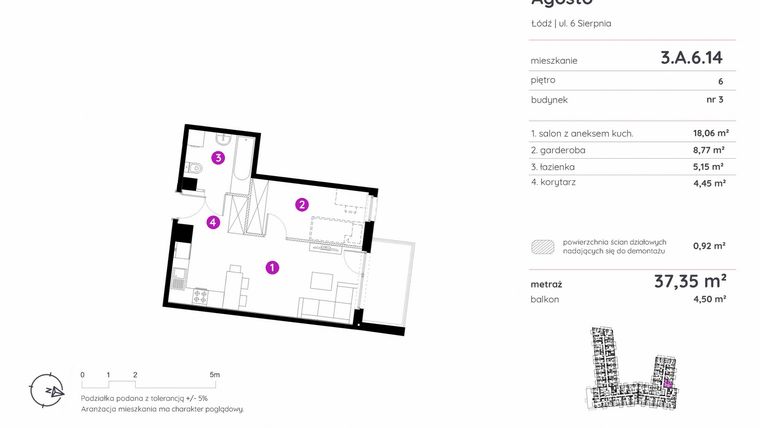 Rzut - Mieszkanie na sprzedaż 1 pokój o powierzchni 37,35 m² - numer 3.A.6.14 w Murapol Agosto