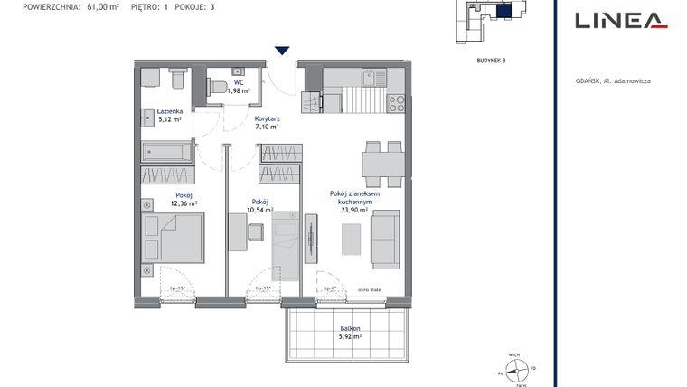 Rzut - Mieszkanie na sprzedaż 3 pokoje o powierzchni 61 m² - numer B.1.8 w Linea