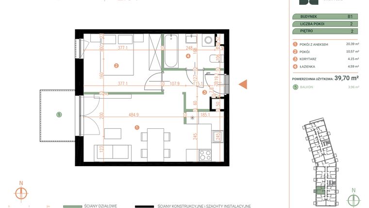Rzut - Mieszkanie na sprzedaż 2 pokoje o powierzchni 39,7 m² - numer M.02.04 w Casa Feliz Portowa II