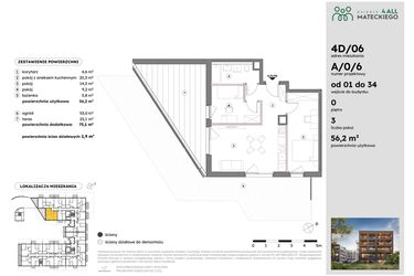 Rzut - Mieszkanie na sprzedaż 3 pokoje o powierzchni 56,27 m² - numer A/0/6 w Osiedle Mateckiego 4ALL