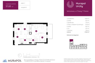 Rzut - Mieszkanie na sprzedaż 3 pokoje o powierzchni 57,65 m² - numer 2.B.1.05 w Murapol Urcity