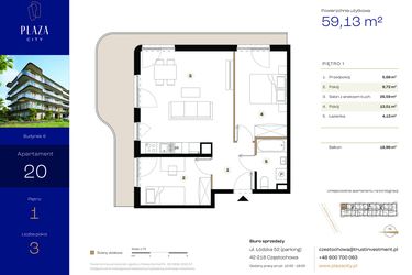 Rzut - Mieszkanie na sprzedaż 3 pokoje o powierzchni 59,13 m² - numer B6M20 w Plaza City