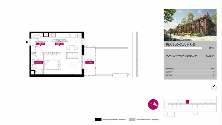Rzut - Mieszkanie na sprzedaż 1 pokój o powierzchni 40,63 m² - numer G1.53 w Fuzja Mieszkania Loftowe