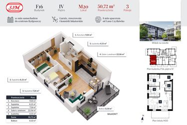 Rzut - Mieszkanie na sprzedaż 3 pokoje o powierzchni 50,72 m² - numer M20 w Tęczowy Zakątek F-16