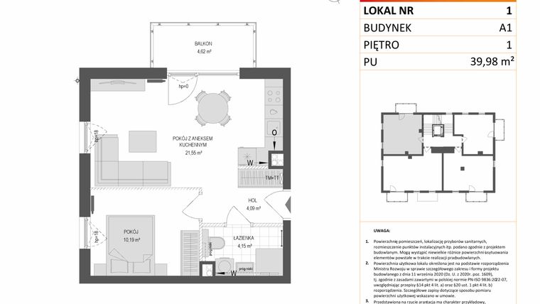 Rzut - Mieszkanie na sprzedaż 2 pokoje o powierzchni 39,98 m² - numer A1.1 w Gdańskie Zacisze