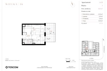 Rzut - Mieszkanie na sprzedaż 1 pokój o powierzchni 31,16 m² - numer A/1/11 w Wielka 16