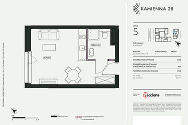 Rzut - Mieszkanie na sprzedaż 1 pokój o powierzchni 27,88 m² - numer 4.5 w Kamienna 28 - apartamenty inwestycyjne