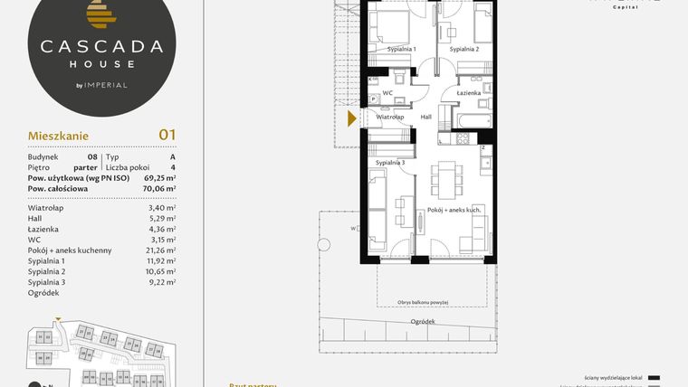 Rzut - Mieszkanie na sprzedaż 4 pokoje o powierzchni 69,49 m² - numer 8.1 w CASCADA House