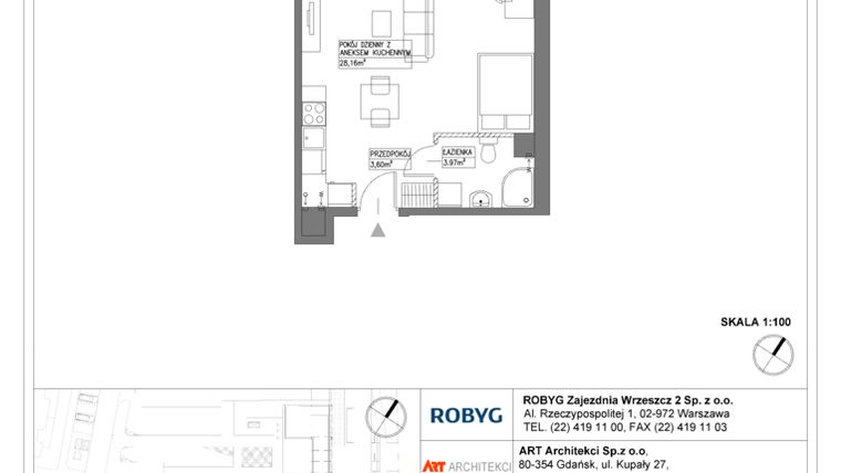 Rzut - Mieszkanie na sprzedaż 1 pokój o powierzchni 35,74 m² - numer E.1M16 w Nowa Wałowa bud. E