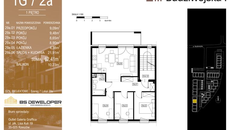 Rzut - Mieszkanie na sprzedaż 4 pokoje o powierzchni 62,41 m² - numer 1G/2a w Budziwojska 3