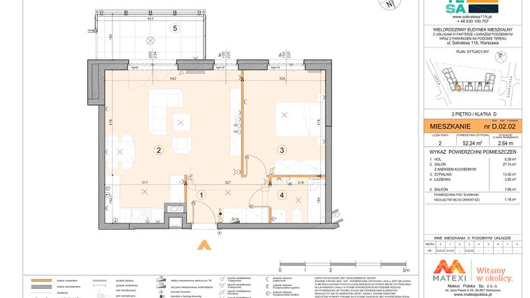 Rzut - Mieszkanie na sprzedaż 2 pokoje o powierzchni 52,24 m² - numer D.02.02 w Sokratesa 11a