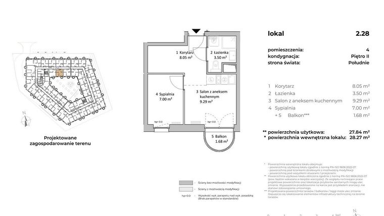 Rzut - Mieszkanie na sprzedaż 1 pokój o powierzchni 28,09 m² - numer 2.28 w OVAL SKY