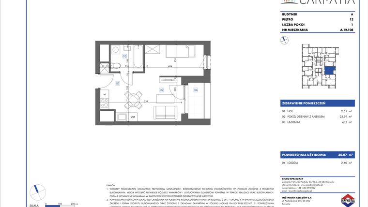 Rzut - Mieszkanie na sprzedaż 1 pokój o powierzchni 30,09 m² - numer A.12.108 w Osiedle Carpatia Etap III