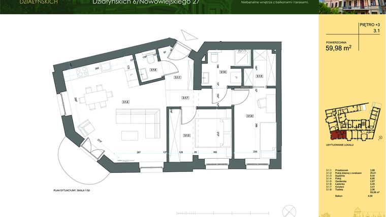 Rzut - Mieszkanie na sprzedaż 3 pokoje o powierzchni 59,05 m² - numer 3.1 w Działyńskich 6