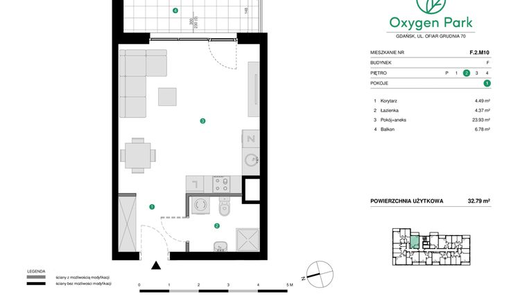 Rzut - Mieszkanie na sprzedaż 1 pokój o powierzchni 32,79 m² - numer F.2.M10 w Oxygen Park etap III