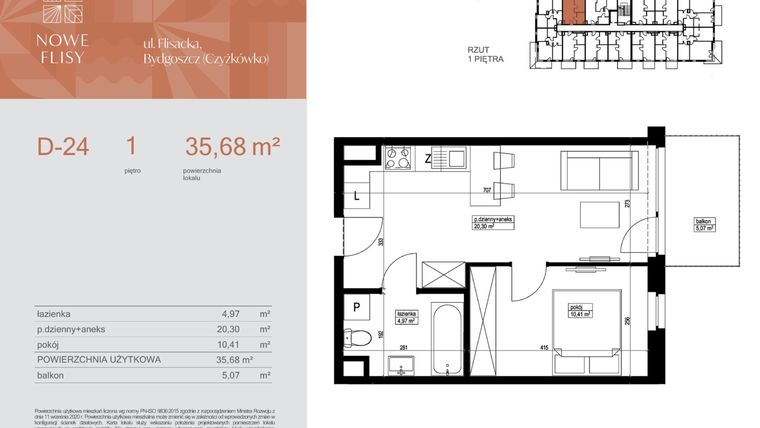 Rzut - Mieszkanie na sprzedaż 2 pokoje o powierzchni 35,68 m² - numer M24_NF.d w Nowe Flisy II