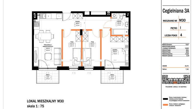 Rzut - Mieszkanie na sprzedaż 4 pokoje o powierzchni 61,72 m² - numer 30 w Osiedle StaLove etap II