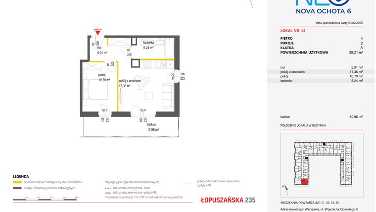 Rzut - Mieszkanie na sprzedaż 2 pokoje o powierzchni 39,21 m² - numer 44 w Neo Nova Ochota 6